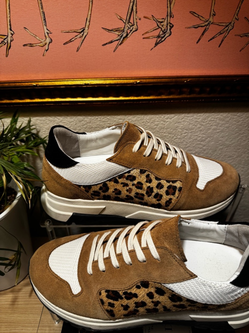 PAIGE Leopard Calf Hair Suede Mixed Media Sneakers Size 7.5 Neutral Luxe Runner